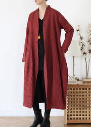 Brick Red V Neck Button Linen Trench Coats Long Sleeve