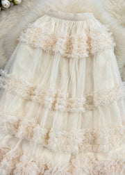 Brief Apricot Ruffled Patchwork Elastic Waist Tulle Cake Skirt Spring