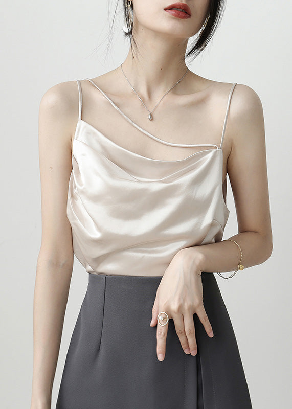 Brief Apricot Slash Neck Solid Satin Top Summer