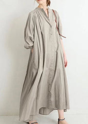 Brief Apricot Stand Collar Low High Design Maxi Shirt Dress Puff Sleeve