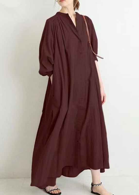 Brief Apricot Stand Collar Low High Design Maxi Shirt Dress Puff Sleeve