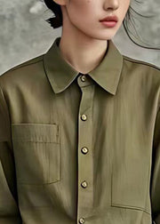 Brief Army Green Peter Pan Collar Wrinkled Button Shirt Long Sleeve