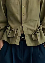 Brief Army Green Peter Pan Collar Wrinkled Button Shirt Long Sleeve
