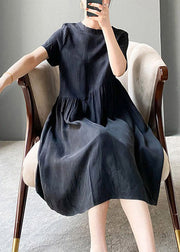 Brief Black flower O-Neck Patchwork Linen Dress Short Sleeve