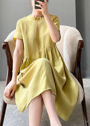 Brief Grey polka dots O-Neck Patchwork Linen Dress Short Sleeve