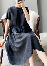 Brief Grey polka dots O-Neck Patchwork Linen Dress Short Sleeve