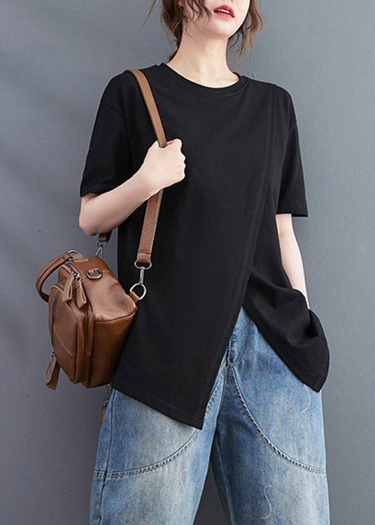 Brief Black O-Neck Open Solid Cotton T Shirt Short Sleeve