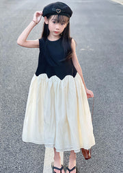 Brief Black O-Neck Wrinkled Patchwork Kids Maxi Dresses Sleeveless