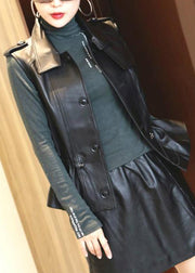 Brief Black Peter Pan Collar Drawstring Button Sheepskin Waistcoat Sleeveless