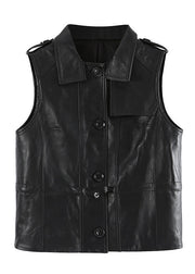 Brief Black Peter Pan Collar Drawstring Button Sheepskin Waistcoat Sleeveless