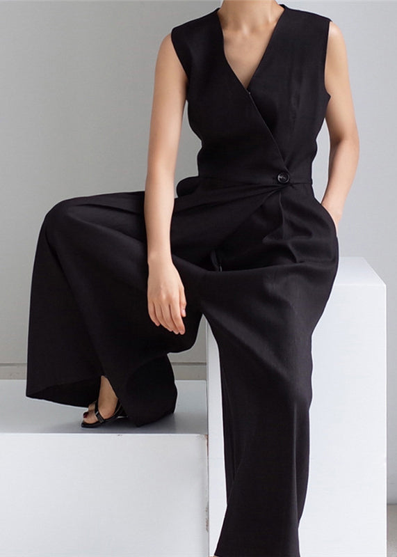 Brief Black V Neck Button Pockets Jumpsuits Summer