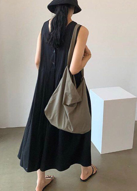 Brief Black V Neck Wrinkled Cotton Maxi Dresses Summer