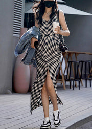 Brief Black White Plaid V Neck Patchwork Slim Maxi Dresses Sleeveless