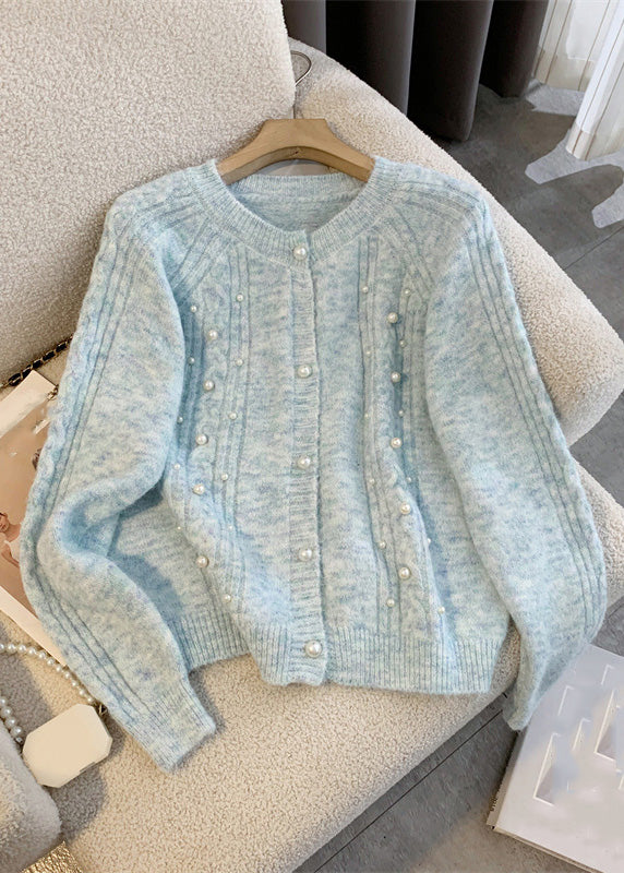 Brief Blue Nail Bead Cotton Knit Cardigans Spring