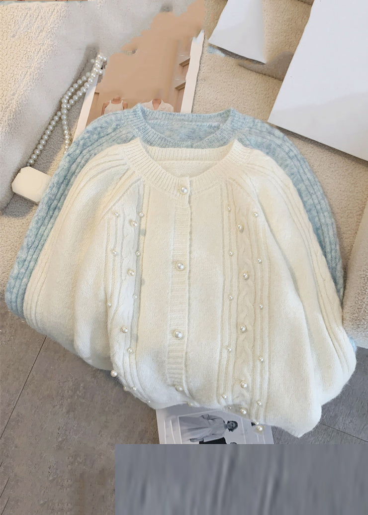 Brief Blue Nail Bead Cotton Knit Cardigans Spring