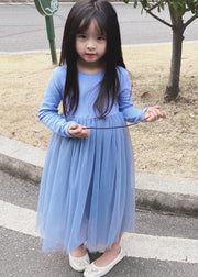 Brief Blue O-Neck Cinched Tulle Kids Long Dress Spring