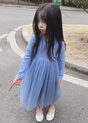 Brief Blue O-Neck Cinched Tulle Kids Long Dress Spring