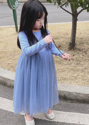 Brief Blue O-Neck Cinched Tulle Kids Long Dress Spring