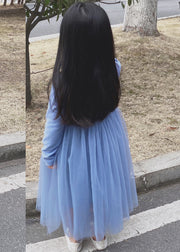 Brief Blue O-Neck Cinched Tulle Kids Long Dress Spring