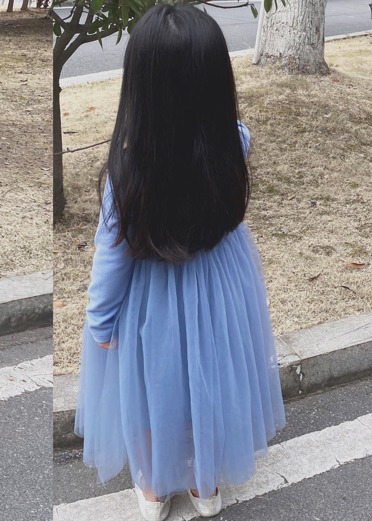 Brief Blue O-Neck Cinched Tulle Kids Long Dress Spring