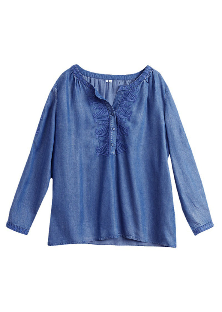 Brief Blue O-Neck Embroidered Button Denim Shirts Spring