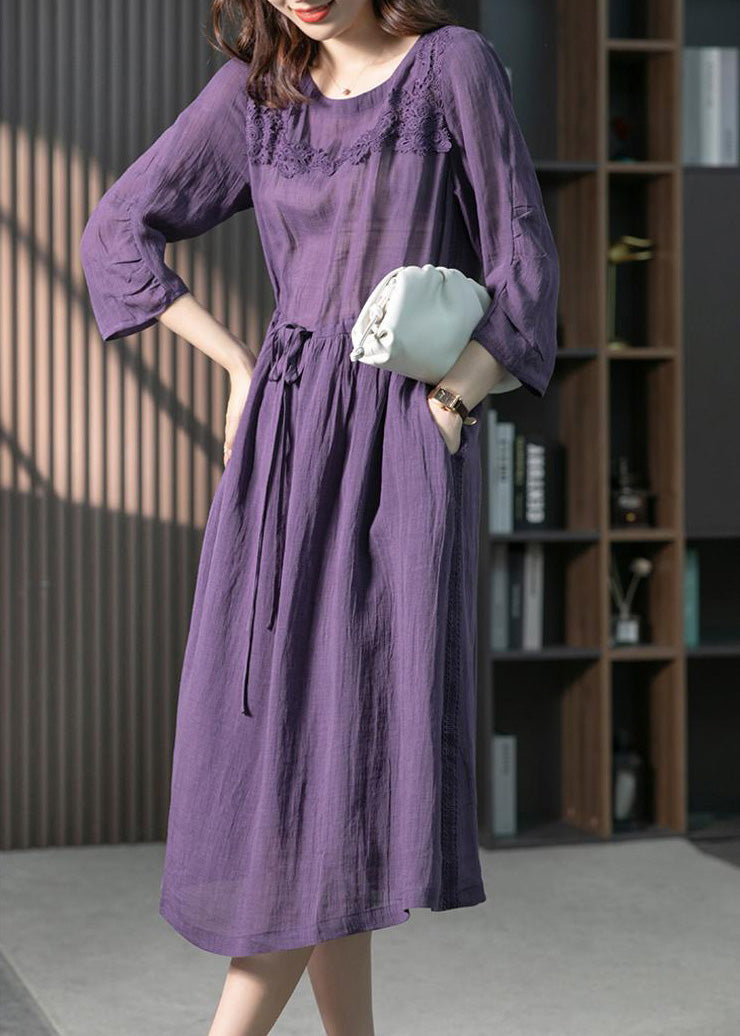 Brief Blue O-Neck Lace Patchwork Tie Waist Linen Long Dresses Spring