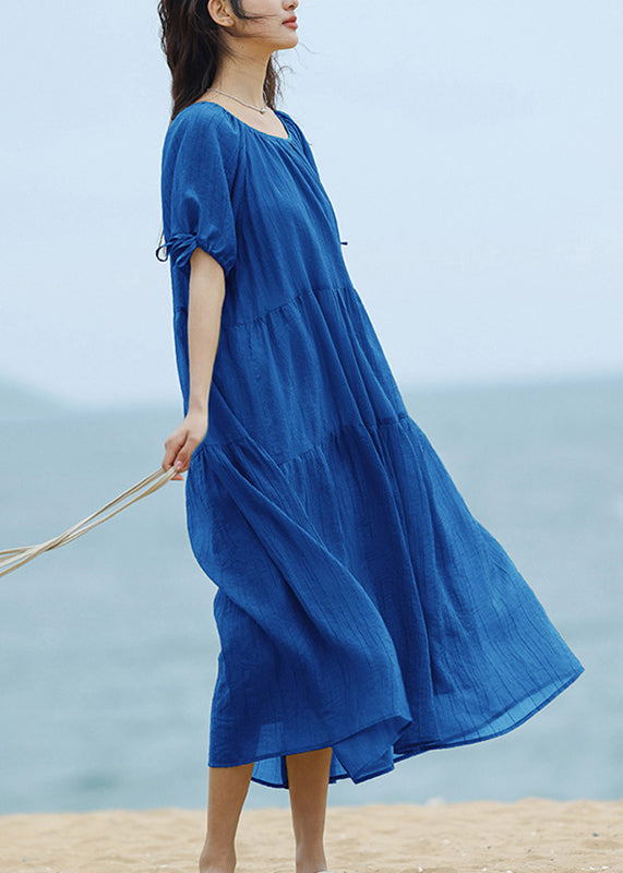 Brief Blue O-Neck Patchwork Long Dresses Summer