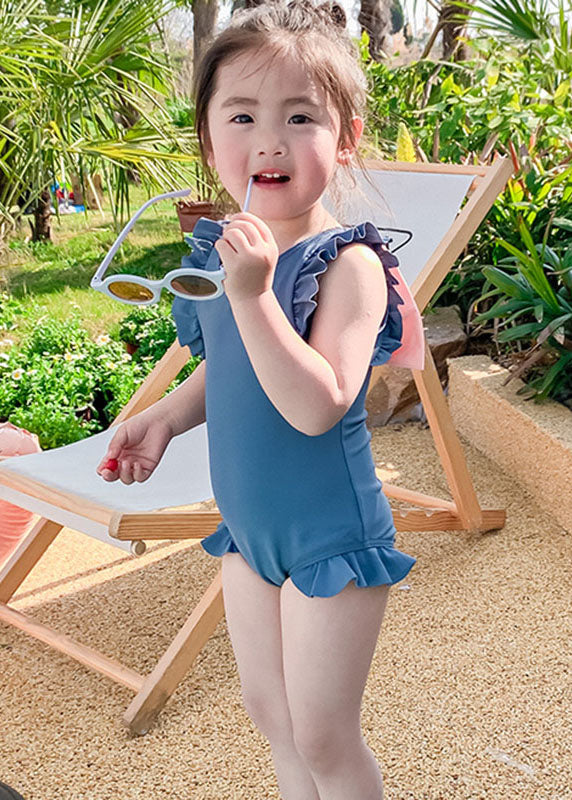 Brief Blue O-Neck Ruffled Patchwork Bow Kids One Piece Swimsui Summer