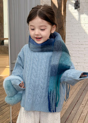 Brief Blue Patchwork Cable Cotton Knit Kids Sweater Tops Spring