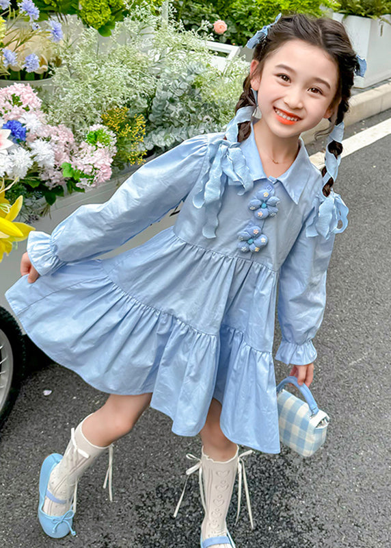 Brief Blue Peter Pan Collar Patchwork Floral Button Girls Maxi Dresses Long Sleeve