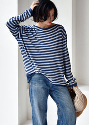 Brief Blue Striped Slash Neck Thick Cotton Knit Sweater Fall