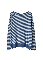 Brief Blue Striped Slash Neck Thick Cotton Knit Sweater Fall