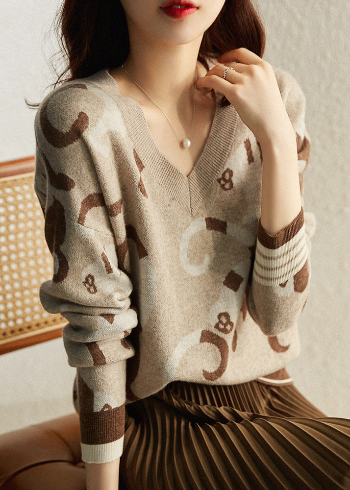 Brief Camel V Neck Print Woolen Knit Sweaters Long Sleeve