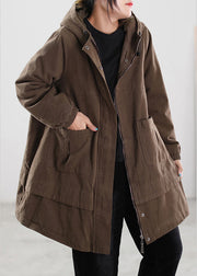 Brief Chocolate Zippered Button Pockets Drawstring Hooded Coats Winter