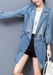 Brief Denim Blue Notched Patchwork Button Cotton Long Coat Spring