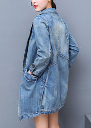 Brief Denim Blue Notched Patchwork Button Cotton Long Coat Spring