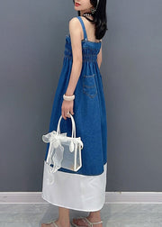 Brief Denim Blue Slash Neck Patchwork Cinched Button Maxi Dress Summer