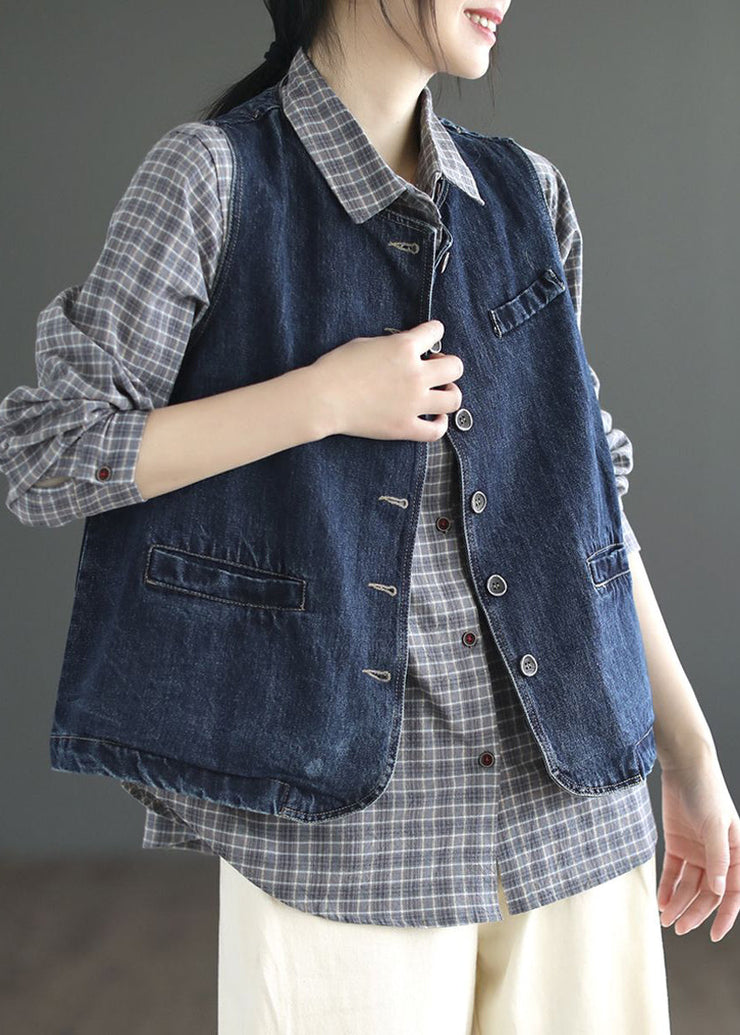 Brief Denin Blue Pockets Patchwork Denim Waistcoat Sleeveless