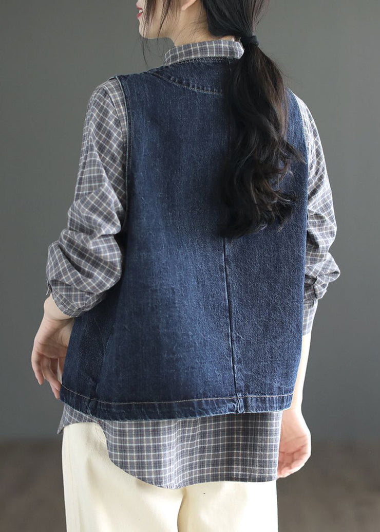 Brief Denin Blue Pockets Patchwork Denim Waistcoat Sleeveless