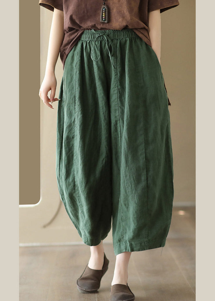 Brief Green Elastic Waist Tie Waist Solid Linen Crop Pants Summer