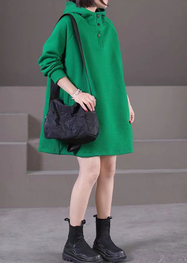 Brief Green Patchwork Button Hooded Mid Dresses Fall