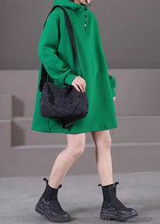 Brief Green Patchwork Button Hooded Mid Dresses Fall