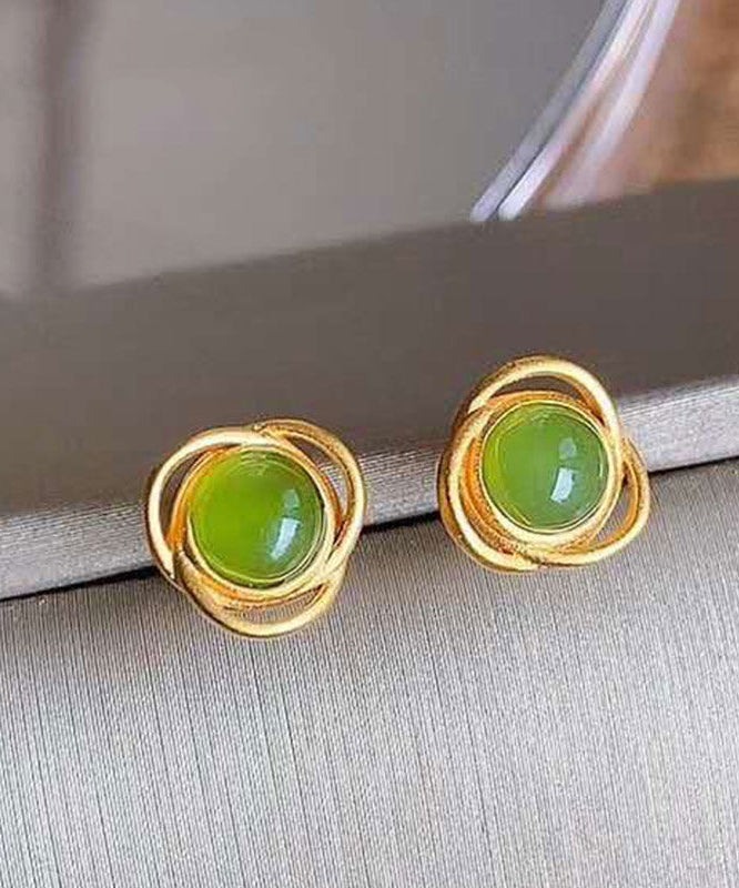 Brief Green Sterling Silver Overgild Jade Stud Earrings