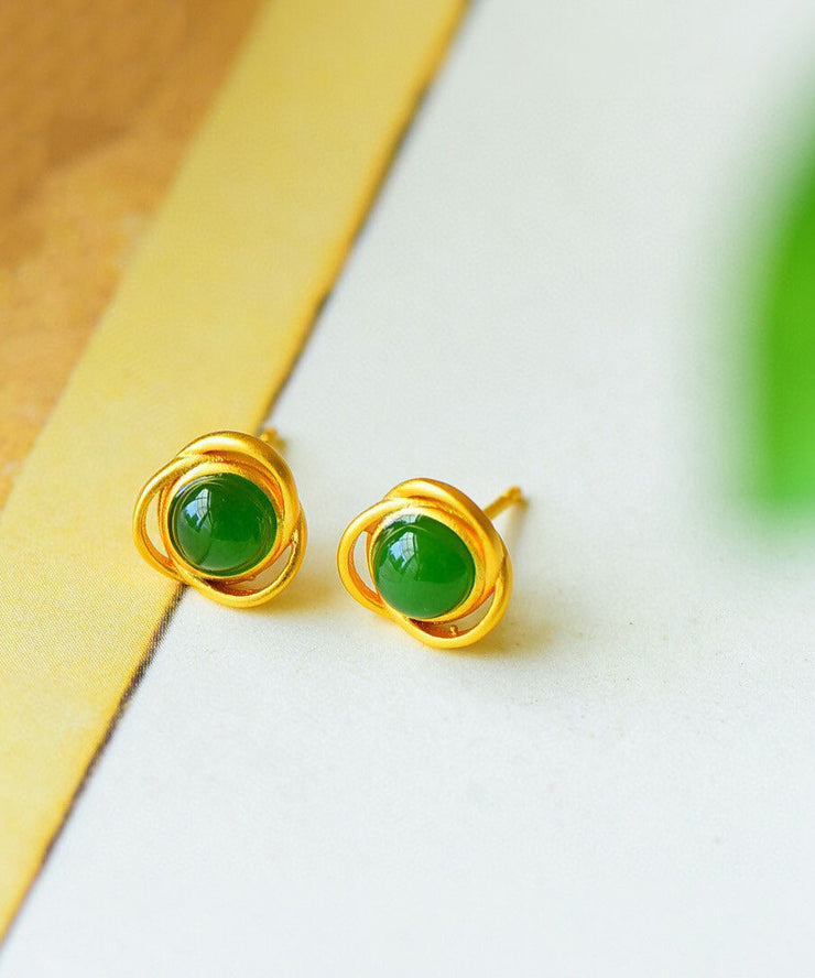 Brief Green Sterling Silver Overgild Jade Stud Earrings