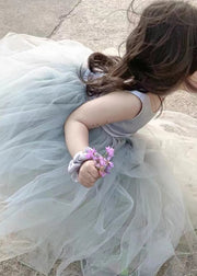 Brief Grey O-Neck Tulle Patchwork Kids Long Dresses Sleeveless