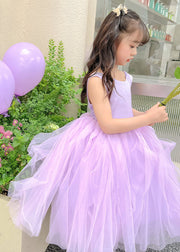 Brief Grey O-Neck Tulle Patchwork Kids Long Dresses Sleeveless