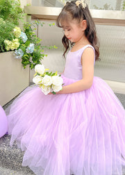 Brief Grey O-Neck Tulle Patchwork Kids Long Dresses Sleeveless