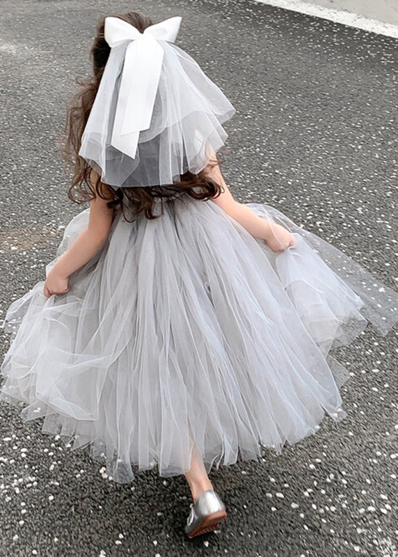 Brief Grey O-Neck Tulle Patchwork Kids Long Dresses Sleeveless