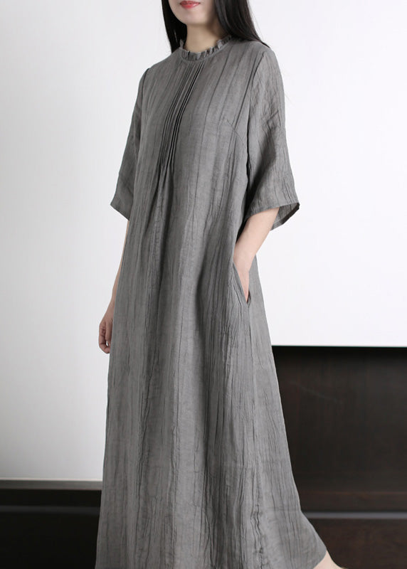 Brief Grey Ruffled Wrinkled Vacation Ramie Maxi Dresses Half Sleeve