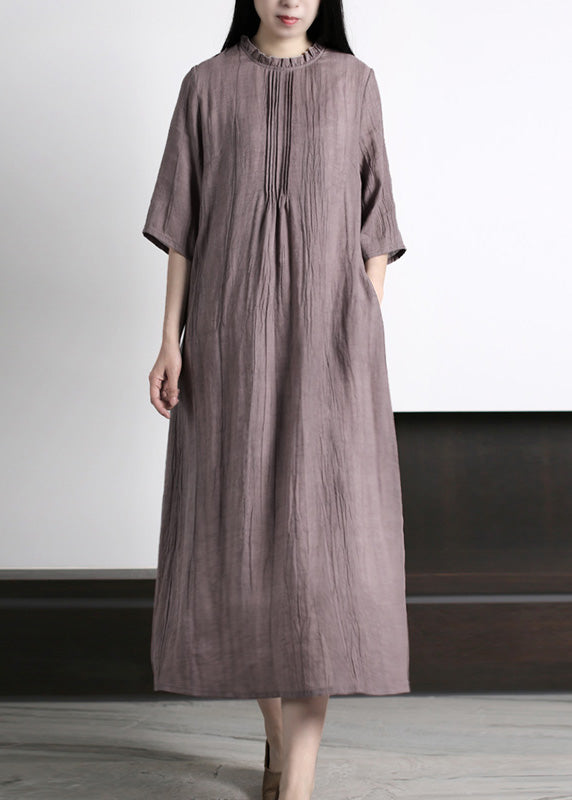 Brief Grey Ruffled Wrinkled Vacation Ramie Maxi Dresses Half Sleeve